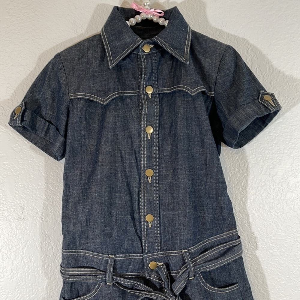 K.ROQUE Shorts Romper Button Up Front Dark Blue Denim Short Sleeve With Pockets - Picture 2 of 8